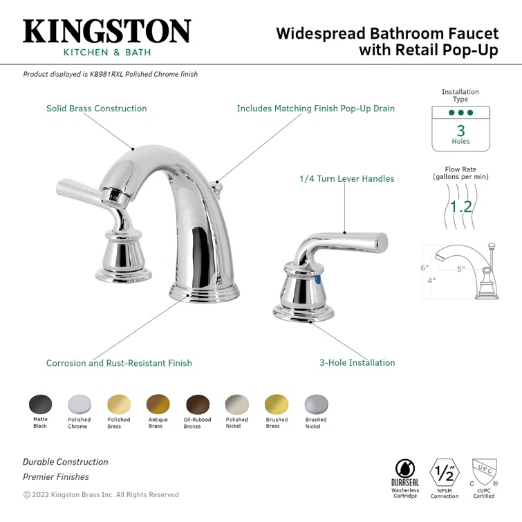 Kingston Brass Restoration Two-Handle 3-Hole Deck Mount Widespread Bathroom Faucet with Retail Pop-Up Drain