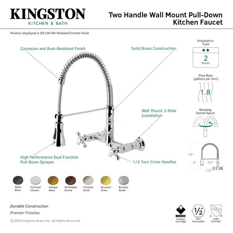 Kingston Brass GS1245AX Kingston Brass Heritage Double-Handle 2-Hole Wall-Mount Pre-Rinse Bridge Kitchen Faucet