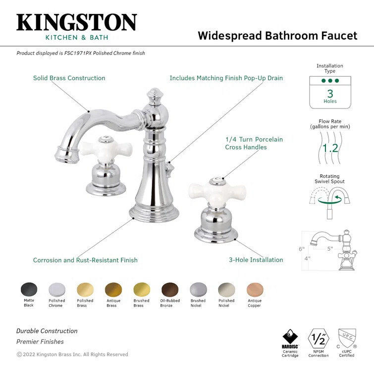 Kingston Brass American Classic Two-Handle 3-Hole Deck Mount Widespread Bathroom Faucet with Pop-Up Drain