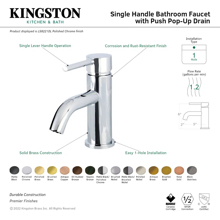 Kingston Brass Concord Single-Handle 1-Hole Deck Mount Bathroom Faucet with Push Pop-Up