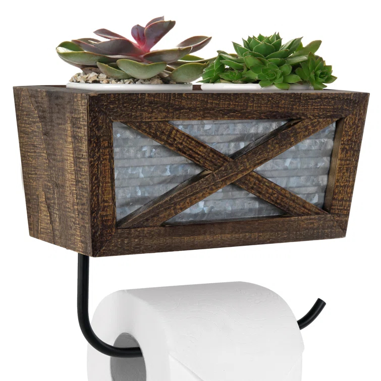Farmhouse Wall Mount Rustic Toilet Paper Holder with Basket for Cell Phone
