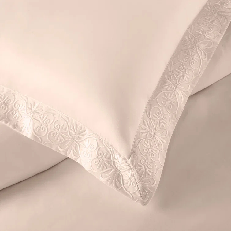 Soft Peach Cotton Queen Duvet Cover Set with Embroidery