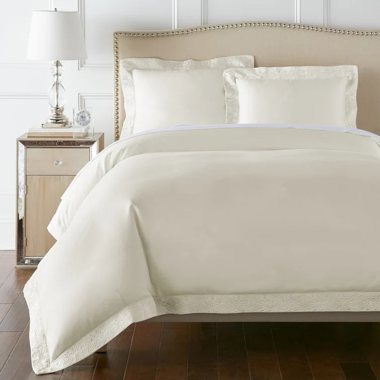 Ivory King Cotton Sateen Duvet Cover Set with Embroidery