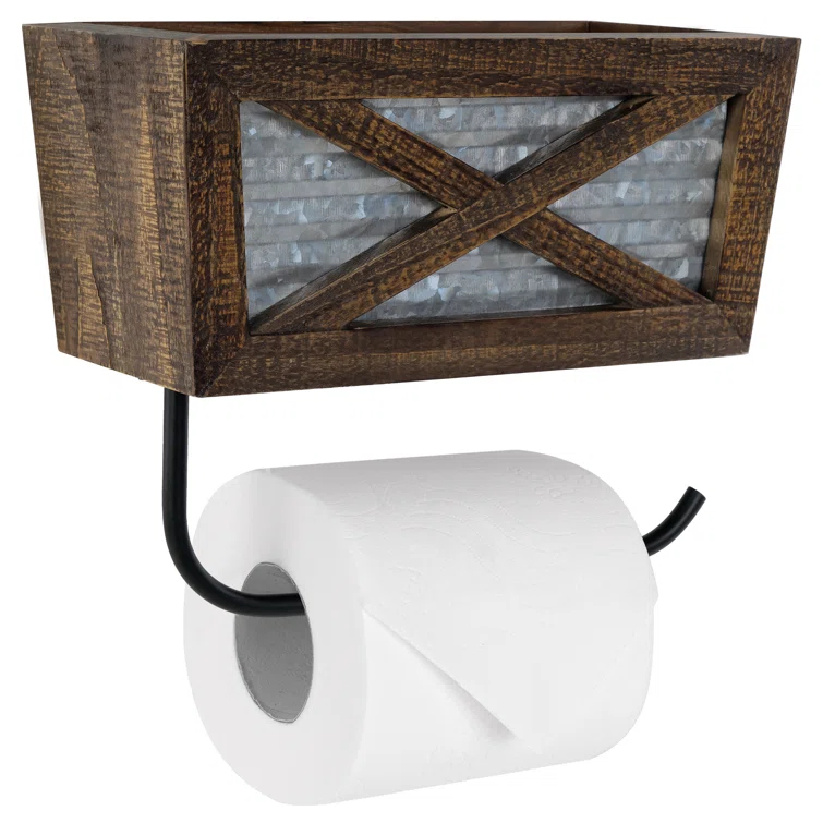 Farmhouse Wall Mount Rustic Toilet Paper Holder with Basket for Cell Phone