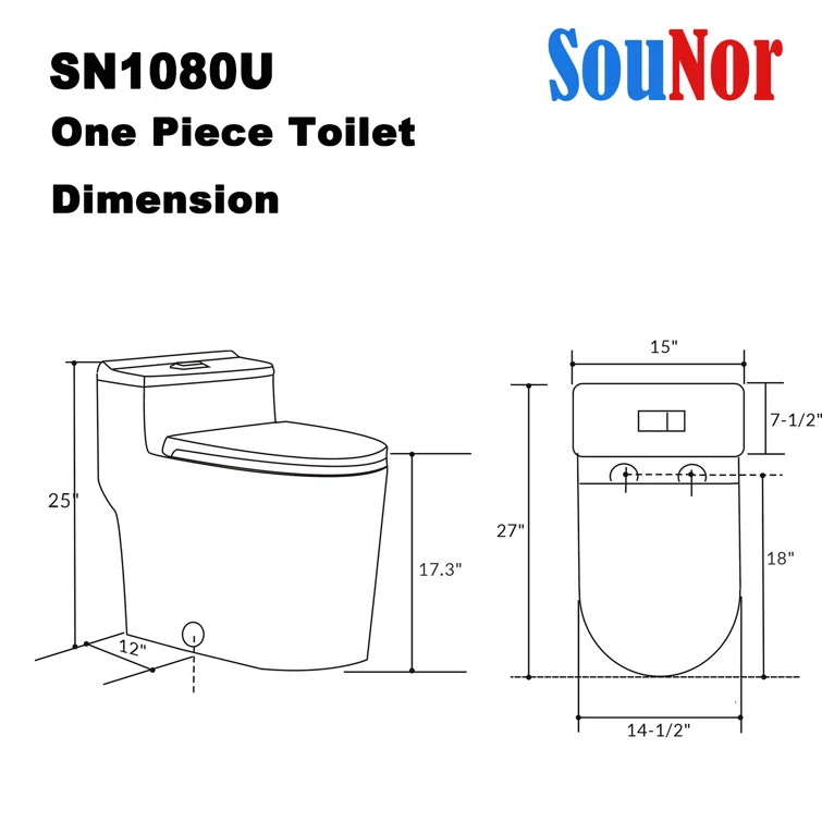 SouNor 1.6 Gallons GPF Elongated Chair Height Floor Mounted One-Piece Toilet (Seat Included)