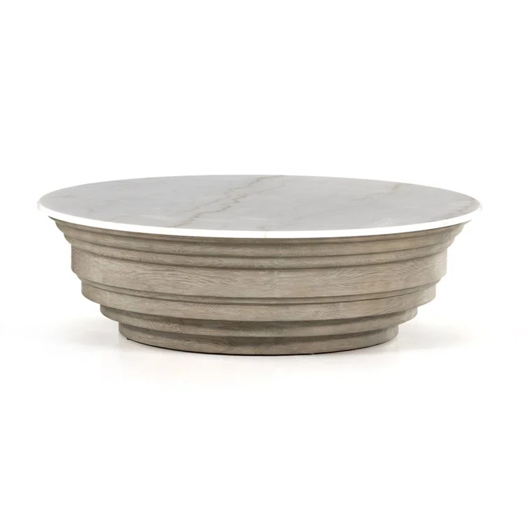 Contemporary Blonde Pine & White Marble Round Coffee Table