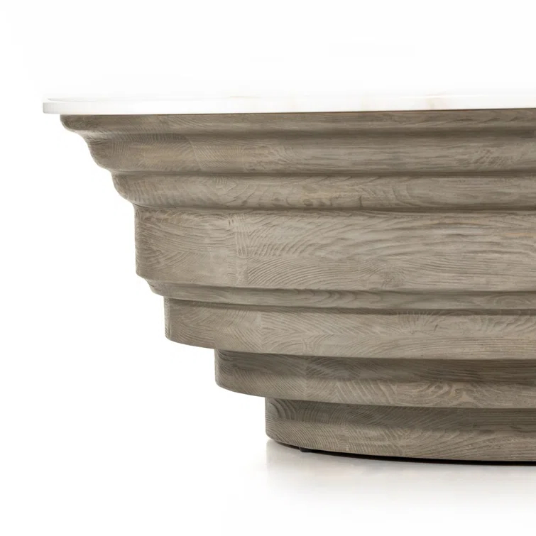 Contemporary Blonde Pine & White Marble Round Coffee Table