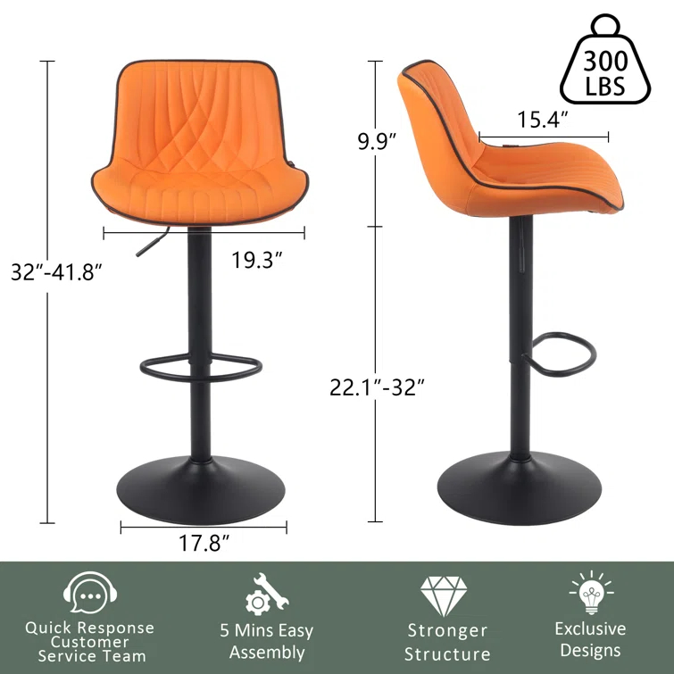 Zager Swivel Adjustable Height Bar Stools, Leather Upholstered Counter Stools, Modern Pub Stool