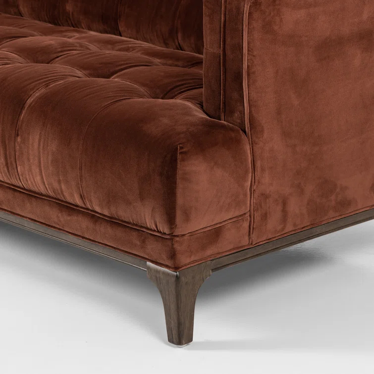 Auburn Velvet Tufted Sofa with Dark Walnut Wood Legs