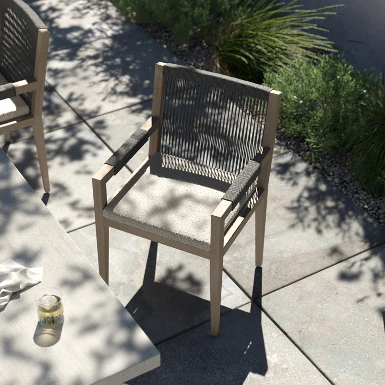 Weathered Gray Teak Outdoor Dining Armchair with Stone Gray Cushions