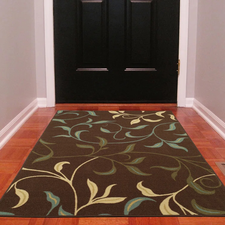 Ottohome Non-Slip Leaves Area Rug For Living Room, Hallway Runner, Entryway Rug, Brown