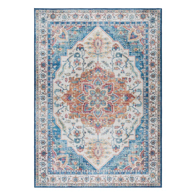Gertmenian Crystal Print Tiefi Blue Red Multi Traditional Medallion Washable Flat Pile Indoor Area Rug