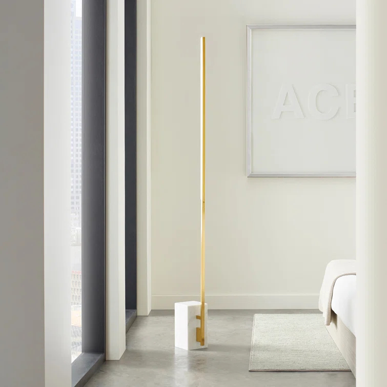 Klee Minimalist Natural Brass & White Marble LED Floor Lamp with Shelf