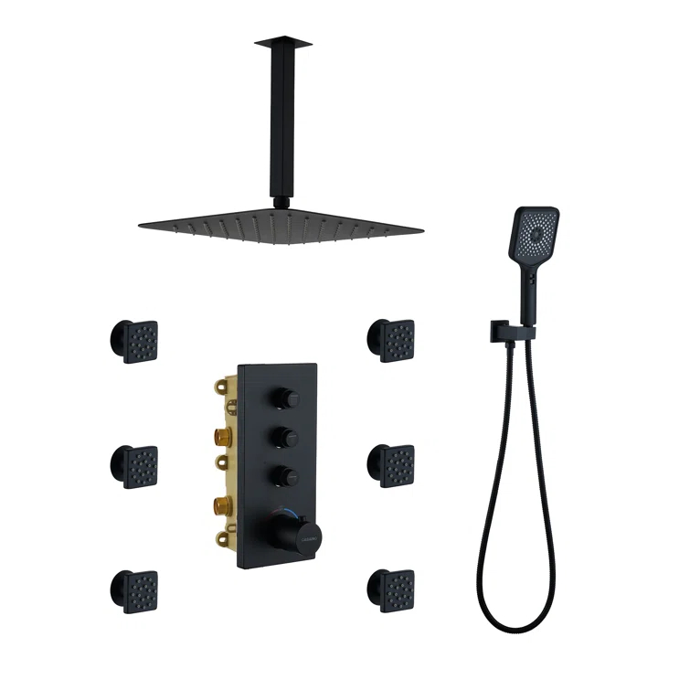 3 Functions 12 Inch Ceiling Mounted Thermostatic Shower System with 6 Body Jets
