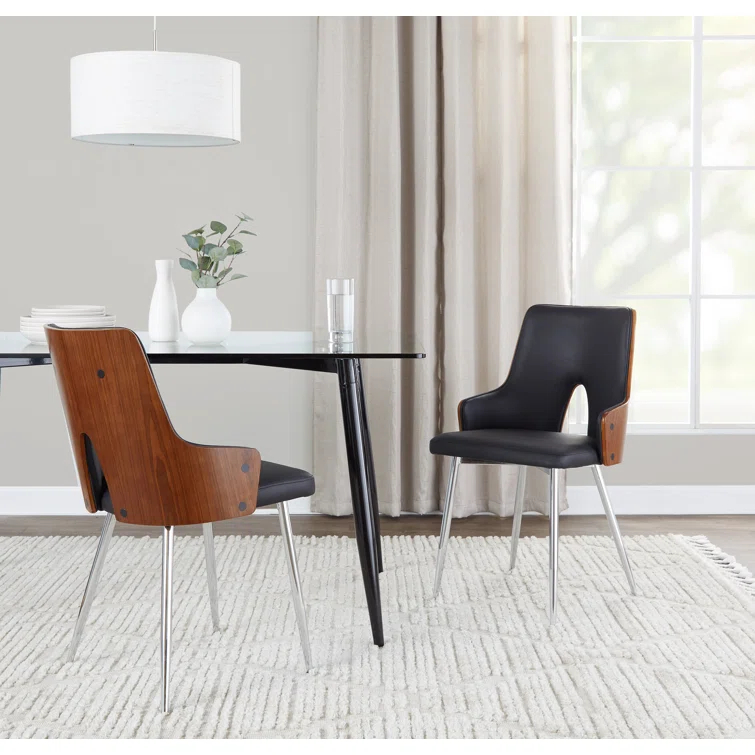 Stella Contemporary Accent/Dining Chair In Chrome Metal, Walnut Wood And Black Faux Leather By Lumisource - Set Of 2 (Set of 2)