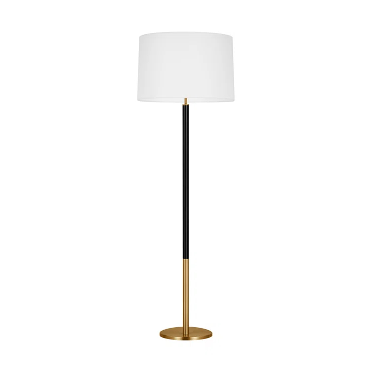 Burnished Brass and Black Floor Lamp with White Linen Shade