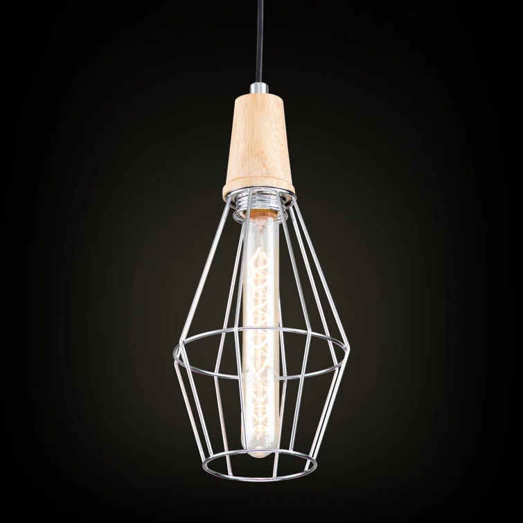 Coman 6"W Silver + Nature Wood Finish Dimmable & Adjustable Height Pendant Light Include T Bulb