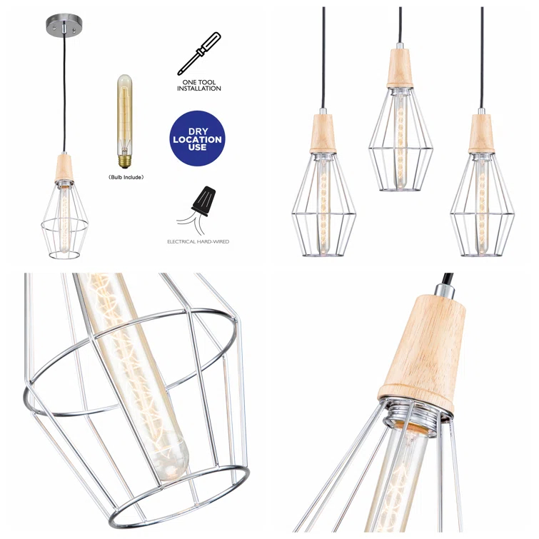 Coman 6"W Silver + Nature Wood Finish Dimmable & Adjustable Height Pendant Light Include T Bulb