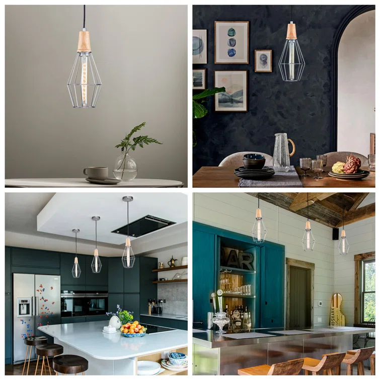 Coman 6"W Silver + Nature Wood Finish Dimmable & Adjustable Height Pendant Light Include T Bulb