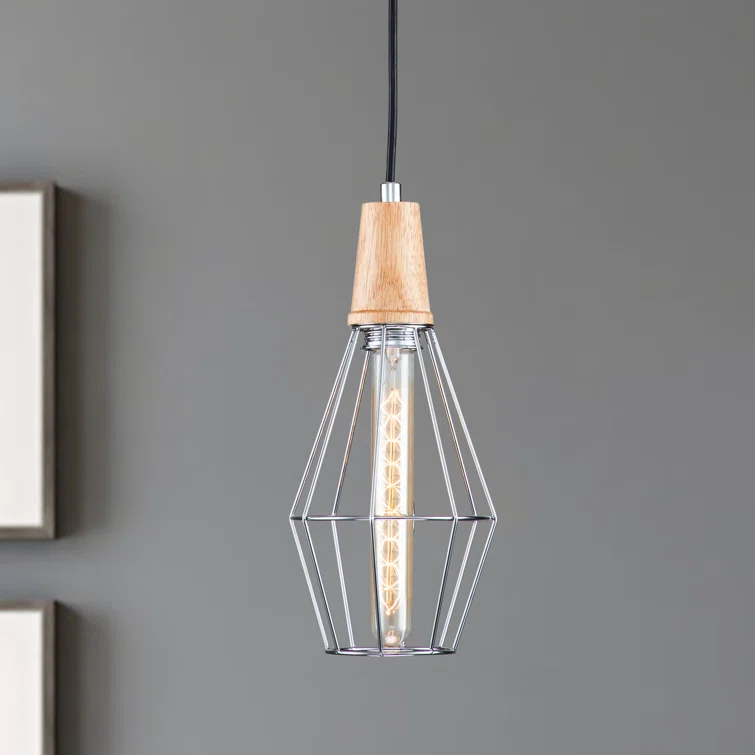 Coman 6"W Silver + Nature Wood Finish Dimmable & Adjustable Height Pendant Light Include T Bulb