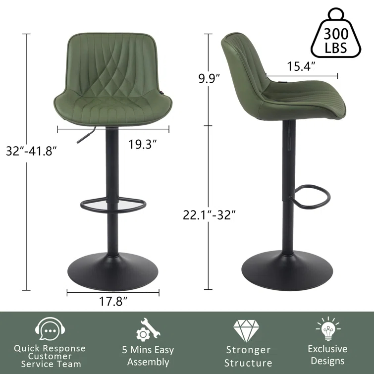 Zager Swivel Adjustable Height Bar Stools, Leather Upholstered Counter Stools, Modern Pub Stool
