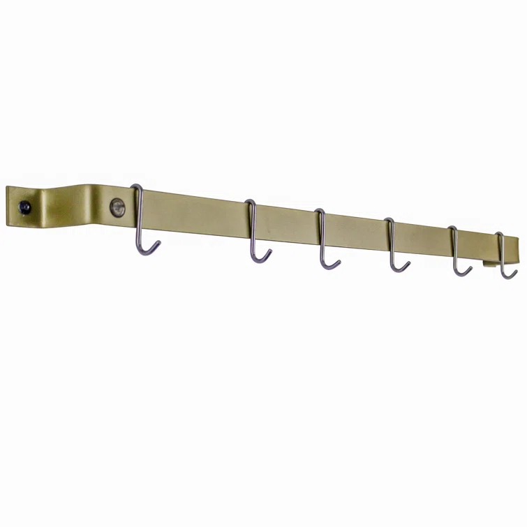 Handcrafted Brass Finish Wall Mounted Pot Rack with 6 Hooks