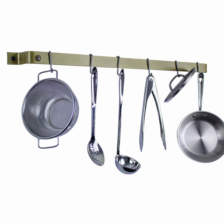 Handcrafted Brass Finish Wall Mounted Pot Rack with 6 Hooks