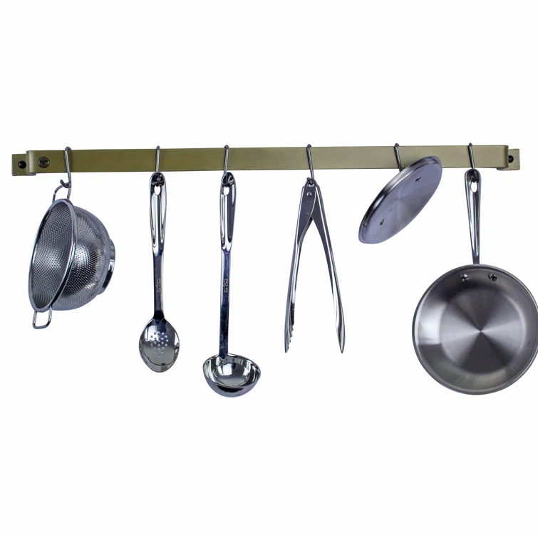 Handcrafted Brass Finish Wall Mounted Pot Rack with 6 Hooks