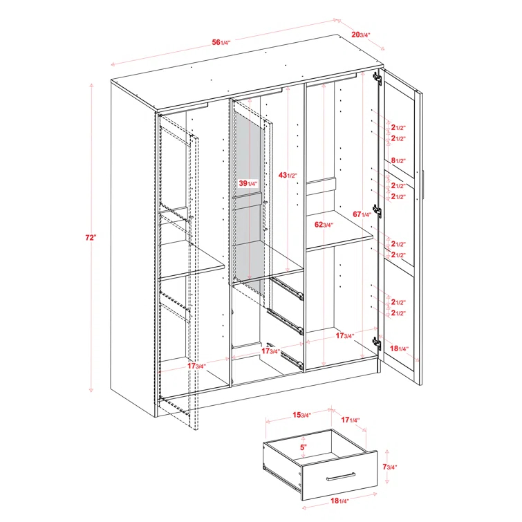 Bassam Cosmo 100% Solid Wood 3-door Wardrobe Armoire