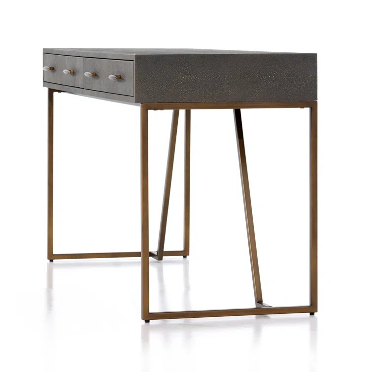 Gray Shagreen Writing Desk with Brass Iron Base and Drawers