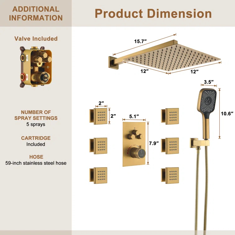 Revitalize 3-Function 12 Inch Wall Mount Rainfall Thermostatic Shower System with 6 Body Jets