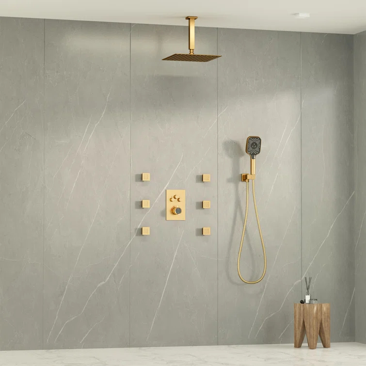 CASAINC CS6221-12BG Revitalize 3-Function 12 Inch Ceiling Mount Rainfall Thermostatic Shower System with 6 Body Jets