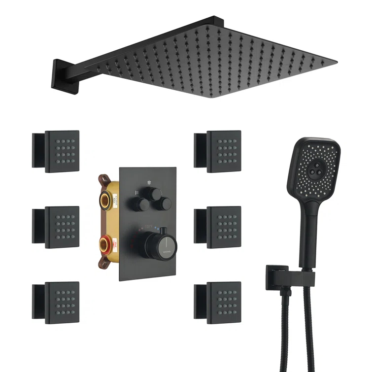 Rainfall Symphony 12inch 3-Function Dual Shower Head Thermostatic Shower System with 3 Sprays Handheld