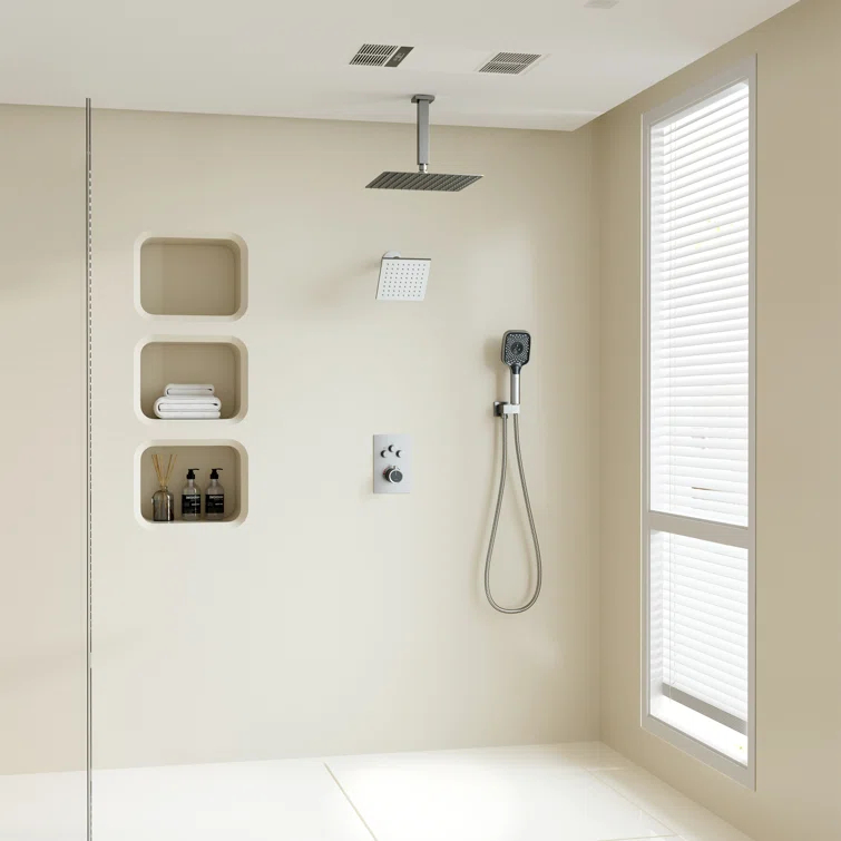 Rainfall Symphony 12inch 3-Function Dual Shower Head Thermostatic Shower System with 3 Sprays Handheld