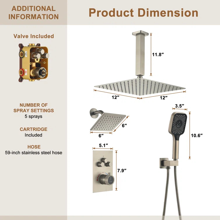 Rainfall Symphony 12inch 3-Function Dual Shower Head Thermostatic Shower System with 3 Sprays Handheld