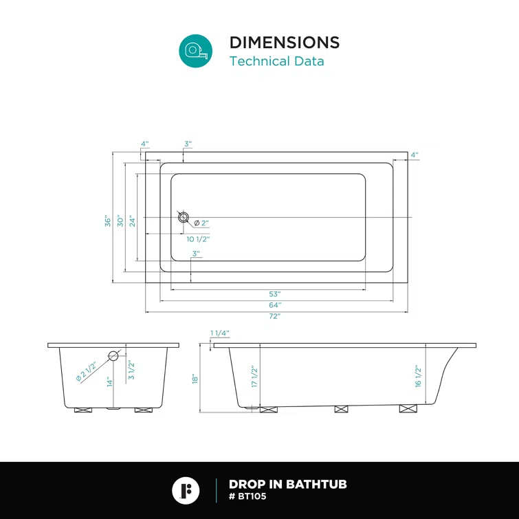 72" x 36" Drop In Soaking Bathtub