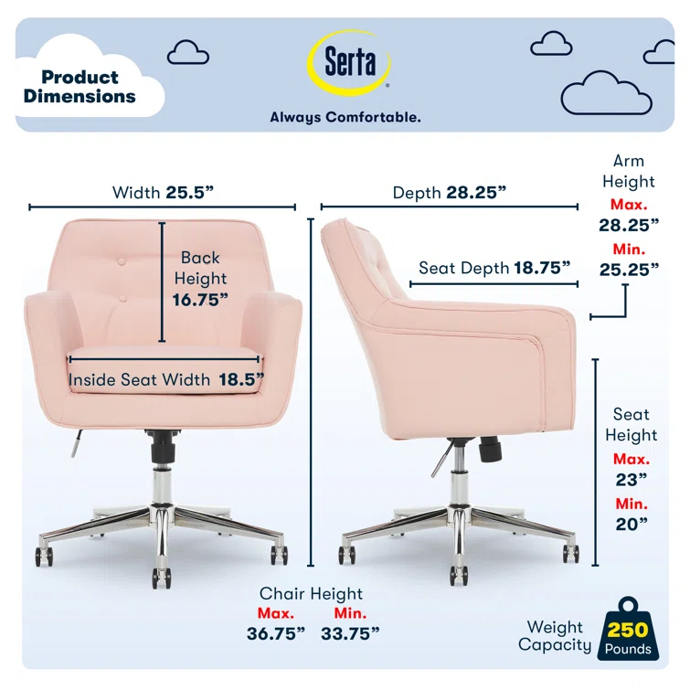 Serta Ashland Modern Office Chair, Mid-Back, Quality Memory Foam Cushion, Metal Base Chrome Finish