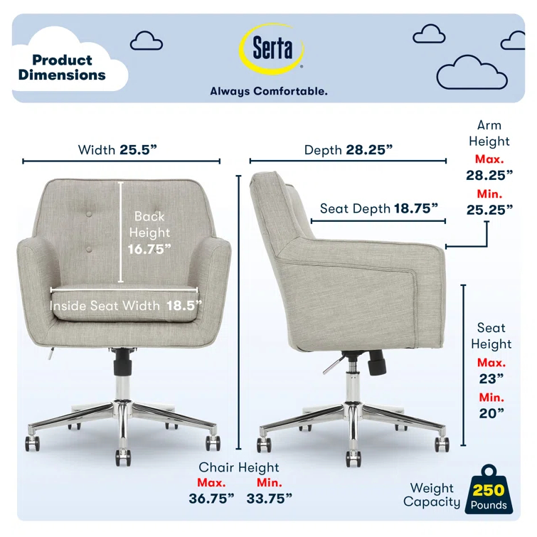 Serta Ashland Modern Office Chair, Mid-Back, Quality Memory Foam Cushion, Metal Base Chrome Finish