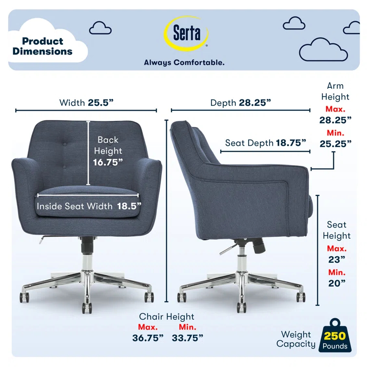 Serta Ashland Modern Office Chair, Mid-Back, Quality Memory Foam Cushion, Metal Base Chrome Finish