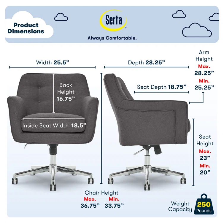 Serta Ashland Modern Office Chair, Mid-Back, Quality Memory Foam Cushion, Metal Base Chrome Finish