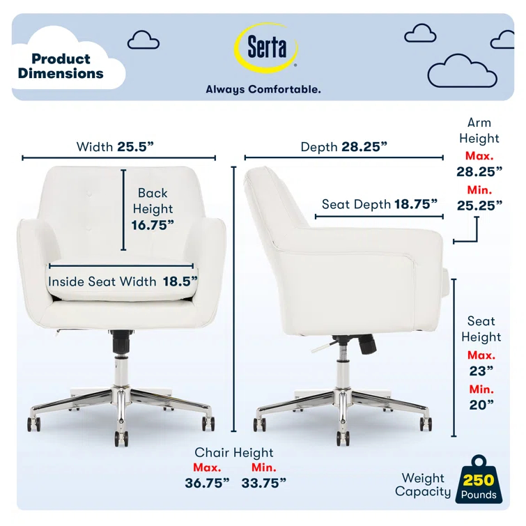 Serta Ashland Modern Office Chair, Mid-Back, Quality Memory Foam Cushion, Metal Base Chrome Finish