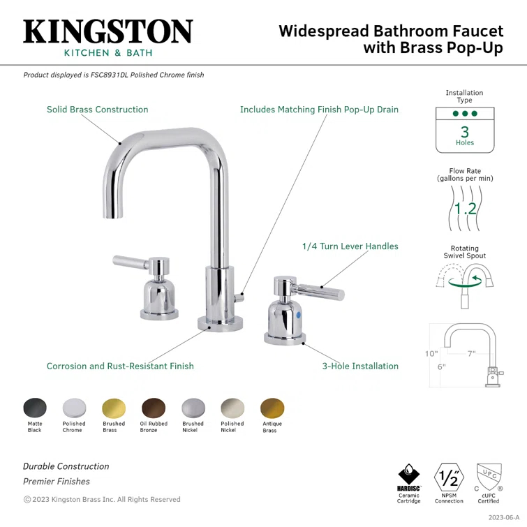 Kingston Brass Concord Two-Handle 3-Hole Deck Mount Widespread Bathroom Faucet with Brass Pop-Up Drain