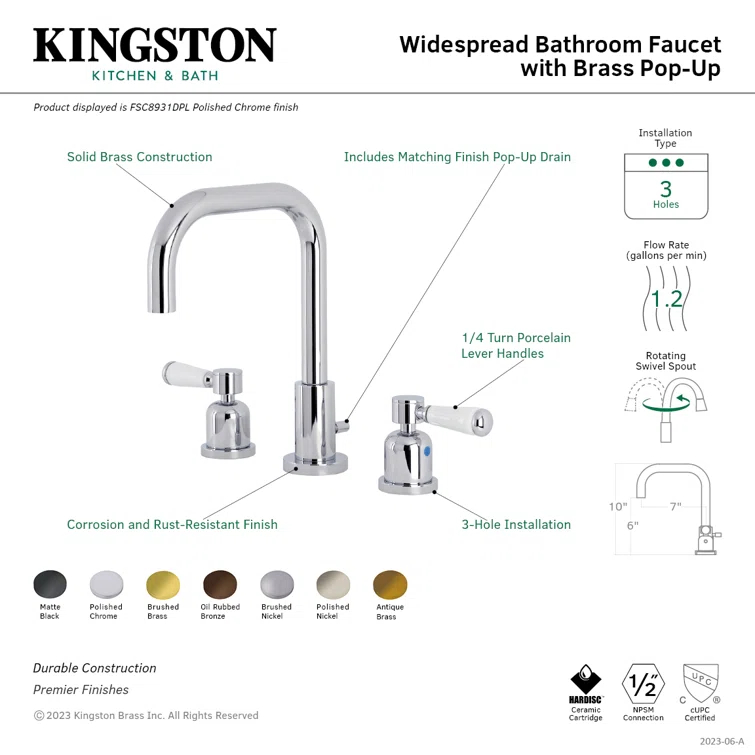 Kingston Brass Two-Handle 3-Hole Deck Mount Widespread Bathroom Faucet with Brass Pop-Up Drain