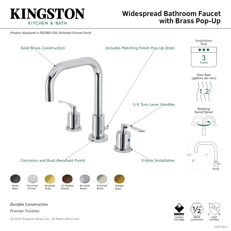 Kingston Brass Serena Two-Handle 3-Hole Deck Mount Widespread Bathroom Faucet with Brass Pop-Up Drain