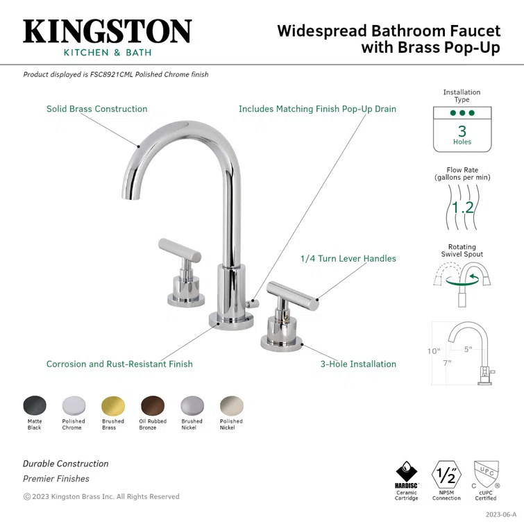 Kingston Brass FSC8925CML Kingston Brass Manhattan Two-Handle 3-Hole Deck Mount Widespread Bathroom Faucet with Brass Pop-Up Drain