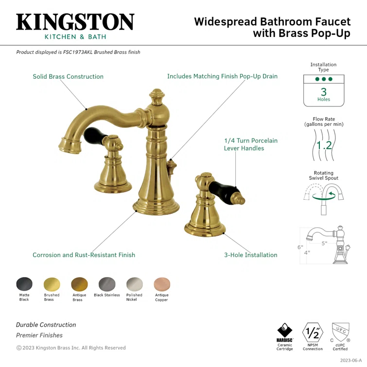 Kingston Brass Duchess Two-Handle 3-Hole Deck Mount Widespread Bathroom Faucet with Brass Pop-Up Drain
