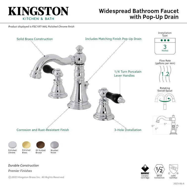 Kingston Brass Duchess Two-Handle 3-Hole Deck Mount Widespread Bathroom Faucet with Pop-Up Drain