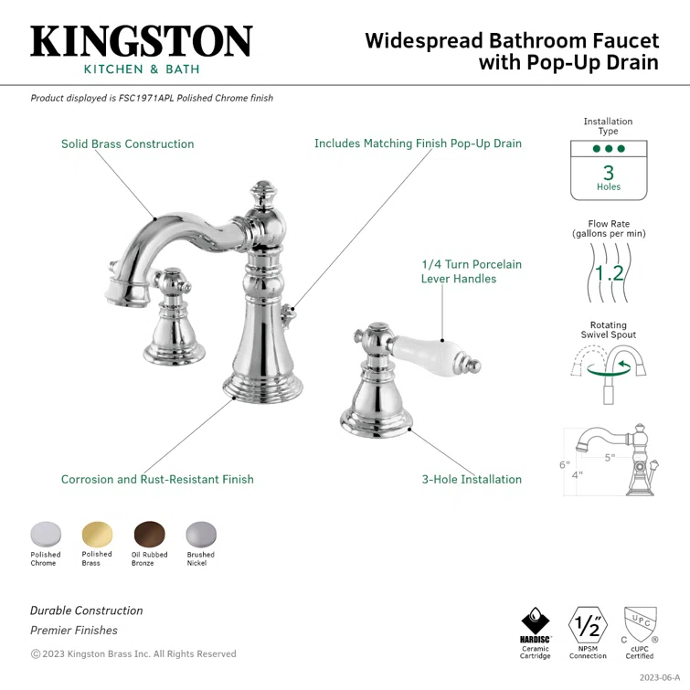 Kingston Brass American Patriot Two-Handle 3-Hole Deck Mount Widespread Bathroom Faucet with Retail Pop-Up Drain