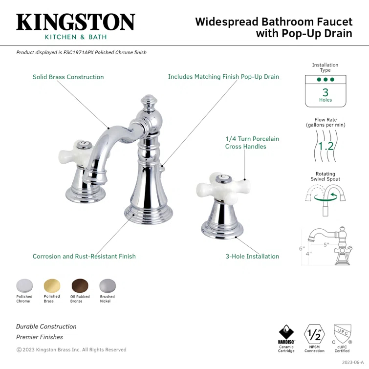 Kingston Brass American Classic Two-Handle 3-Hole Deck Mount Widespread Bathroom Faucet with Pop-Up Drain