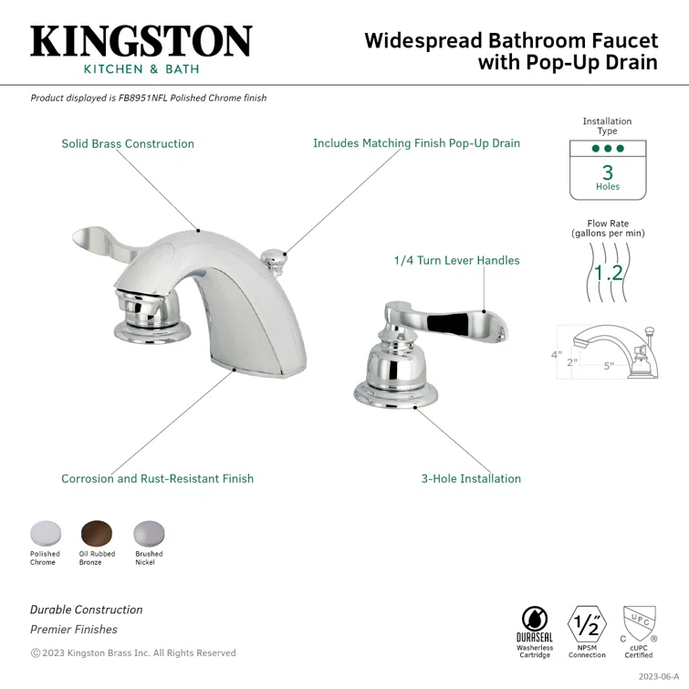 Kingston Brass NuWave French Two-Handle 3-Hole Deck Mount Widespread Bathroom Faucet with Retail Pop-Up Drain